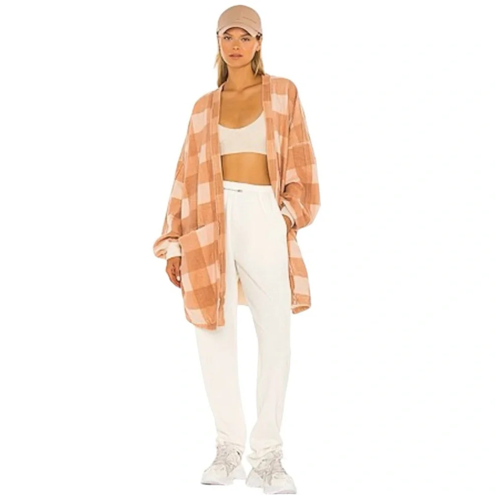 Free Peoplke Benji Long Cardi Checkered Camel Brown Cream Combo Size XL NWT